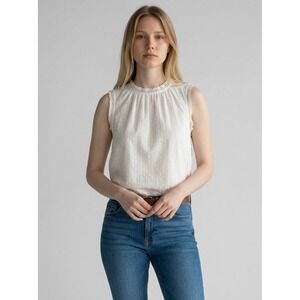 GAP Womens White Swiss Dot Sleeveless Blouse Crochet Trim High Neck Top Small